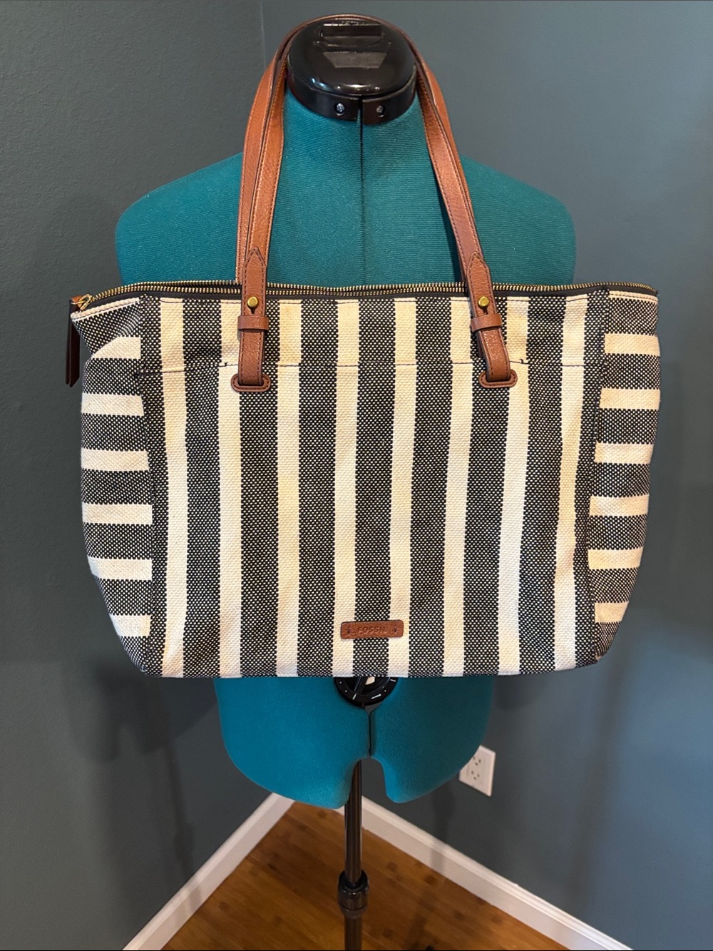 Fossil Black and Cream Striped Canvas Tote with Tan Leather Handles